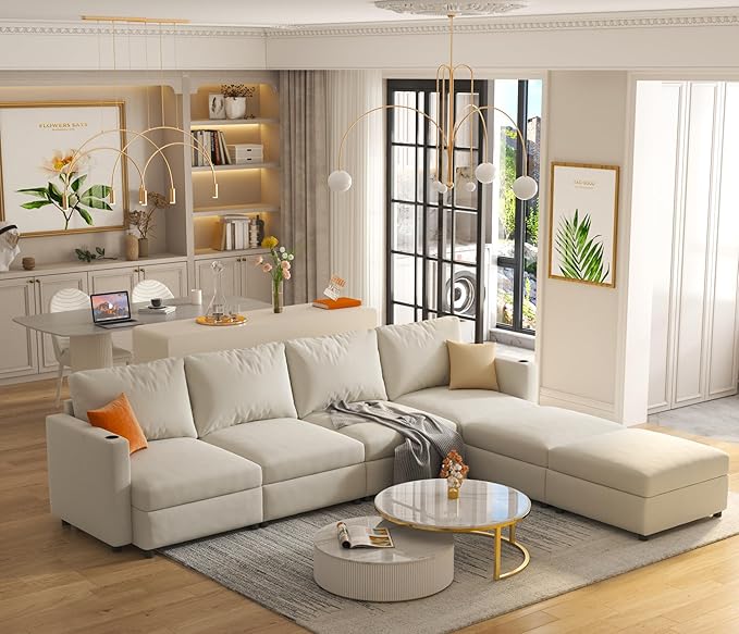 ERYE Oversized Chenille Upholstered Modular Storage Sectional Sofa Couch W/2 Movable Ottomans &amp Cupholders U-Shaped Free Combined Sofa Couch Convertible Sleeper Sofabed for Living Room Apartment