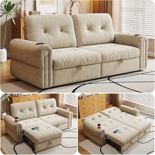 77 Pull Out Sofa Bed Velvet Convertible Sleeper Couch Loveseat Chaise Lounge with Cup Holder and USB Pullout Futon Sofa Bed for Living Room Bedroom Small Spaces RV (Beige-)