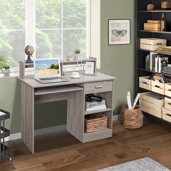 Karl home Computer Desk Study Writing Desk Wooden Home Office Workstation PC Laptop Table with Drawer Shelf Keyboard Tray Grey