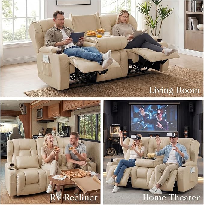 Loveseat Recliner Sofa with Flip Middle Seat3 Seater Reclining Couch Wall Hugger Recliners for Small SpacesFabric Manual 3 Seater Sofa Recliner with Cup Holders/Lumbar PillowsRV FurnitureBeige