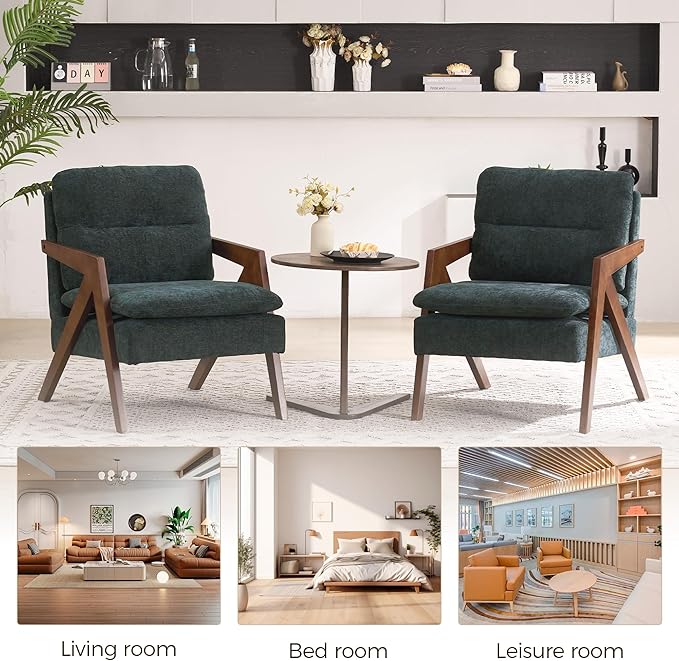 Mid-Century Modern Accent Chair with Solid Wood FrameTufted Upholstered Chenille Living Room Arm Chairs with Thick Cushion for Bedroom Living Room Reading RoomBalconyGreen