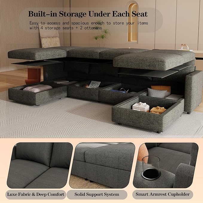 123 Large Modular Sectional SofaModern U-Shaped Sectional couch with Storage6-Seater Deep Seat Chenille Fabric Sofa for Living Room L-Shape Convertible with Movable Ottoman &amp Cup Holders (Grey