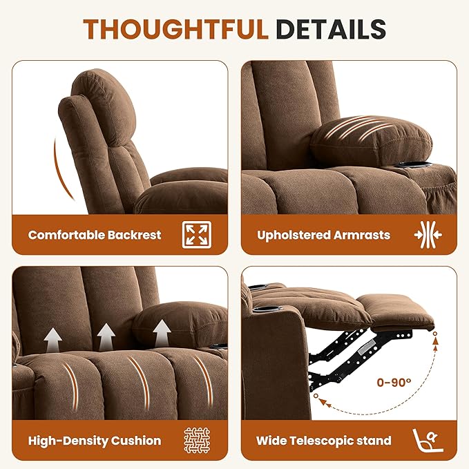 Massage Recliner Chair with Vibration Massage and Lumbar Heating for Living Room Swivel Rocker Recliners Single Sofa with Side Pocket &amp 2 Cup Holders Soft Comfort Ergonomic Design (Brown)