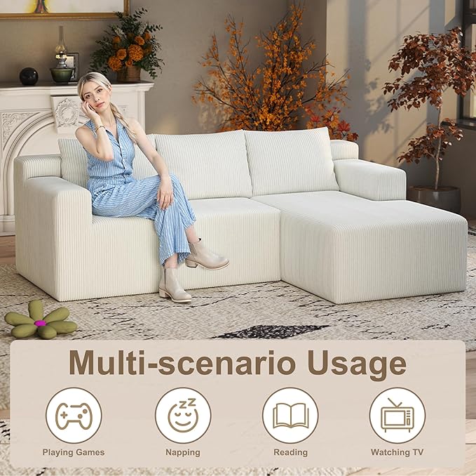 Boneless Couch with L Shaped Chaise Sectional Cloud Sofa with High Backrest Corduroy Memory Foam Couch No Assembly Cloud Couches for Living Room Apartment（White Right Facing Chaise）