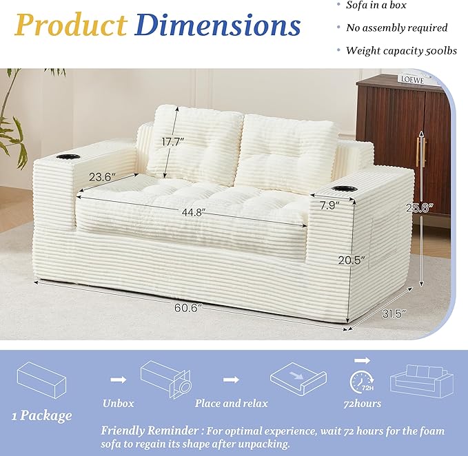 HOMREST 61 Bean Bag Chair for AdultsUpholstered Floor Sofa with Cup HolderLoveseat Boneless Couch for Small SpacesSofa in A Box Large Bean Bag Couch for Bedroom Living Room Beige