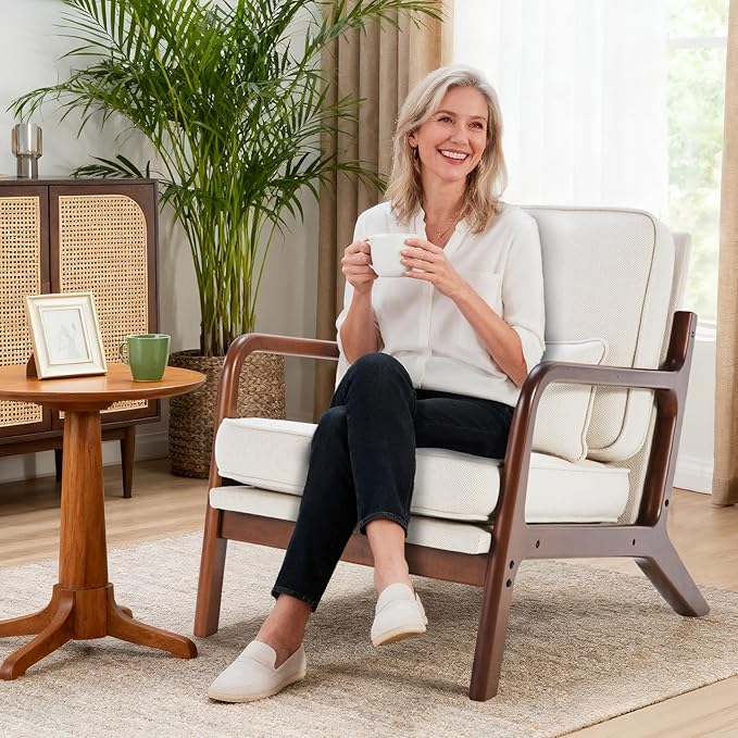 DUMOS Accent Chairs Set of 2Mid Century Modern Chair with Arms and Waist Cushion Reading Chairs for Adults Lounge Chair for Living Room and Bedroom Solid Wooden Frame Cream