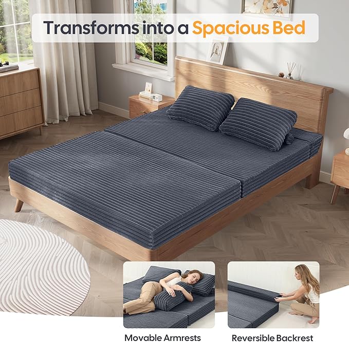 MeMoreCool Convertible Sofa Bed Folding Floor Couch Bed Queen Pull Out Sleeper Couch with Pillows Fold Out Futon Sofa for Bedroom Living Room Small Space Corduroy Grey