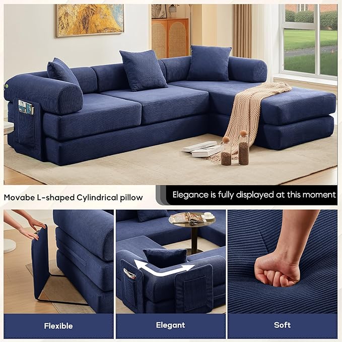 L Shaped Convertible Modular Boneless Sofa Bed with Cylindrical Pillow Corduroy Folding Floor Sofa Couch Bed with Fixed-Shape Frame &amp Storage Pocket for Living Room Blue