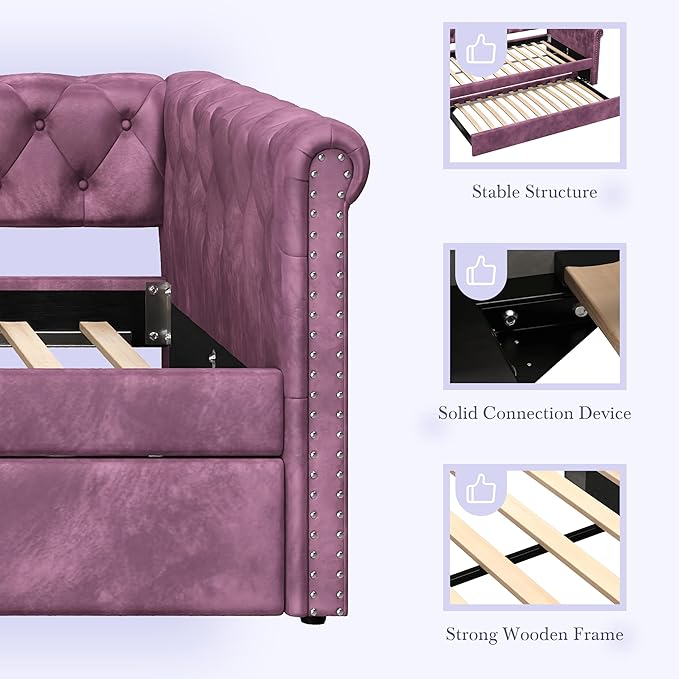 Merax Twin Size Upholstered Daybed with Trundle Modern Velvet Sofa Bed with Tufted Button Design and Curved Armrests for Living Room Bedroom and Guest Room No Box Spring Needed Purple