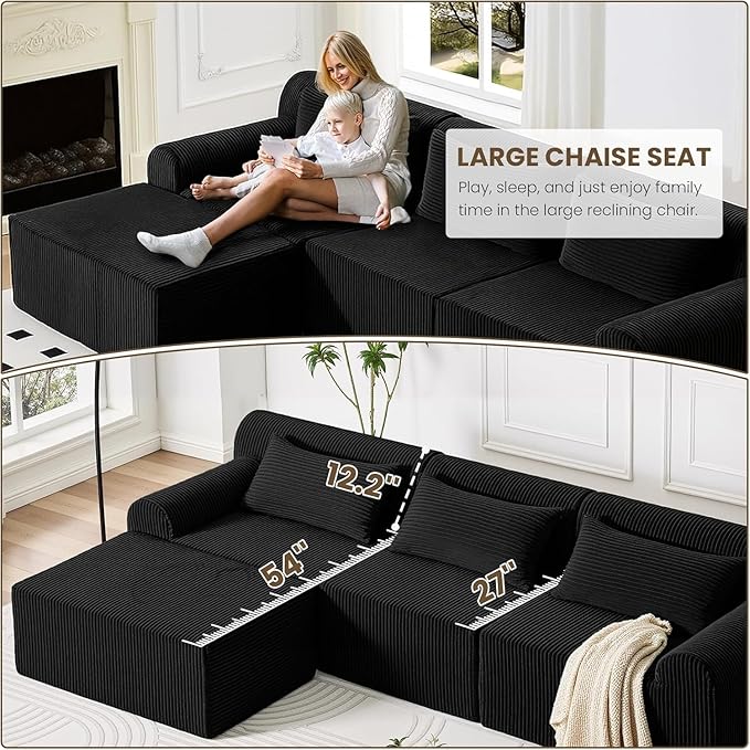 Oversized Boneless Couches for Living Room L Shaped Cloud Couch with Deep Seat Corduroy Sectional Couch with Removable OttomanNo Assembly Required Black