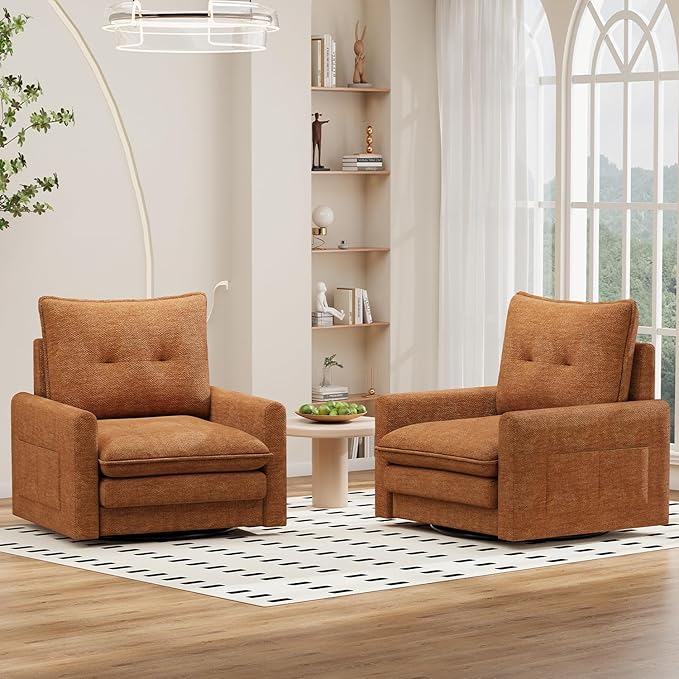 Cozy Swivel Accent Chair Modern Oversized Single Sofa with Armrest Comfy Upholstered Armchair Sofa Large Chenille Accent Chair for Living Room Bedroom Reading Room Brown