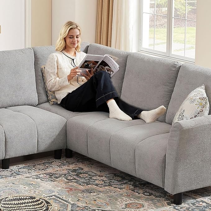 Convertible Sectional Sofa Couch 102 L Shaped Couch with Back Cushions Modern Upholstered Fabric 6-Seat Reversible Sofa Set for Living Room Apartment Office Light Grey
