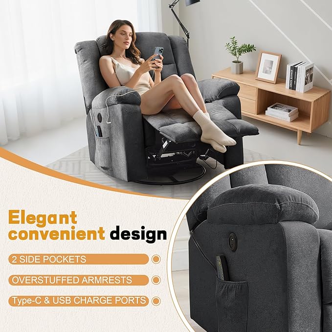 Rocker Recliner Glider Recliner Chairs for Adults 360° Swivel Rocking Chair with Massage and Heating Nursery Chair with Storage and USB Charging for Living Room Nursery Bedroom