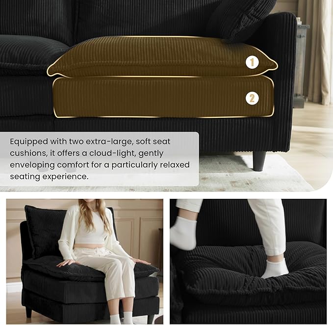 Apicizon 108 Cloud Couch Sectional L Shaped Cloud Sofa with Side Storage Pocket Modern Corduroy Sofa Set for Living Room Office Black