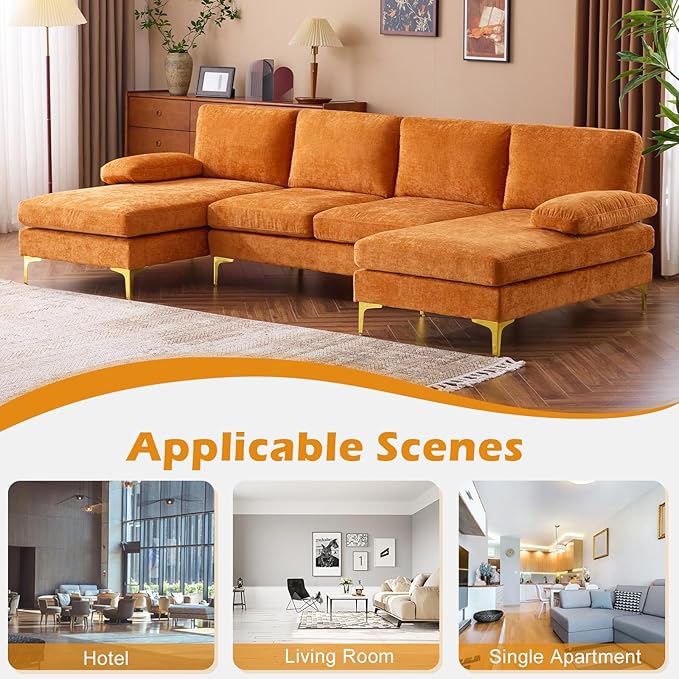 VINGLI 110 Sectional Couches for Living RoomU Shape Couch with Double Chaise 4-Seat Sofa Set with Chenille Fabric for Home FurnitureBurnt Orange