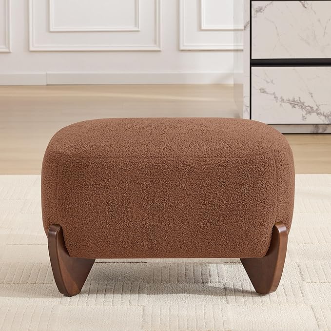 28.7 Sherpa Boucle Ottoman with Solid Wood Legs Modern Upholstered Footstool Comfy Ottoman for Living Room Bedroom Caramel