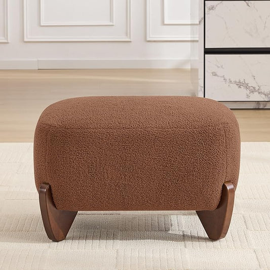 28.7 Sherpa Boucle Ottoman with Solid Wood Legs Modern Upholstered Footstool Comfy Ottoman for Living Room Bedroom Caramel