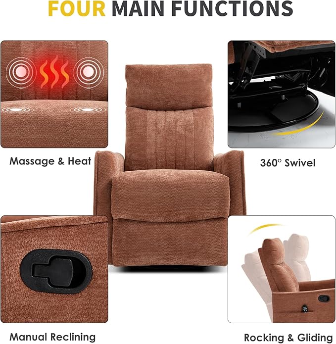 Swivel Rocker Recliner Chair 360° Swivel Recliner with Heat and Massage Rocker Recliner Nursery Glider Chair with Side Pockets for Living Room (Orange Fabric)