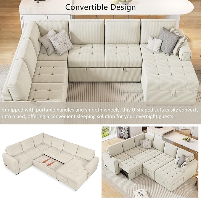Modern 107.5 U-Shaped Sectional Sofa Convenient Pull-Out Sofa Bed with a Storage Chaise Lounge Corduroy 5 Seat Couch with Charging Devices for Living Room Apartment (Beige-8.18)