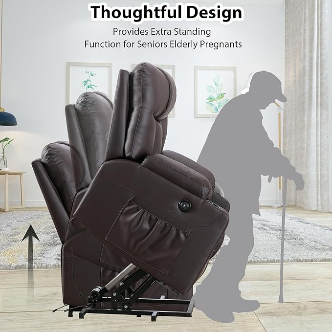 Bonzy Home Lift Recliner Chair for Elderly Oversized Faux Leather Lift Chair with Heat and Massage Extra Wide Single Sofa with 2 Cup Holders Side Pockets USB Port Brown