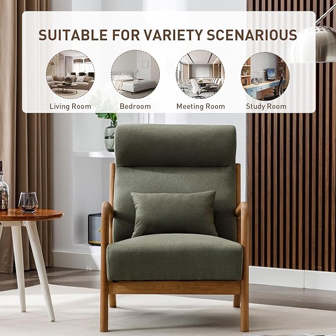 ANJ Mid Century Modern Accent Chair with High Back Single Lounge Armchair with Solid Wood Frame Comfy Reading Chair for Living Room Easy Assembly