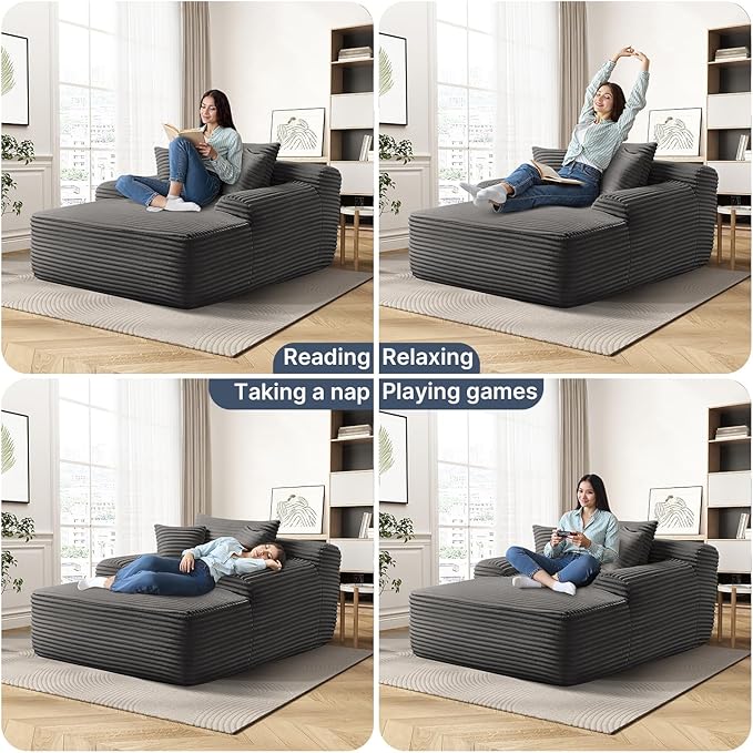 65'' Chaise Lounge Chair Indoor Grey Plush Corduroy Cloud Couch Fluffy Oversized Sofa Bed for Bedroom Living Room Comfy Boneless Reading Longue Chair Sleeper Sofa No Assembly