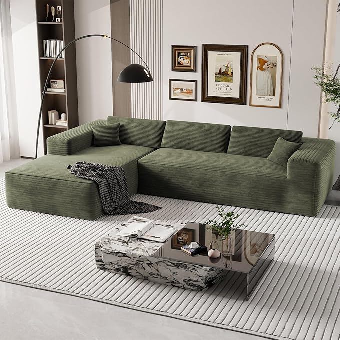 108 Cloud Sectional Couch with L-Shape ChaiseModern Corduroy Boneless Sofa with Deep SeatWide Armrest High Rebound Living Room Sectional CouchNo Assembly Required (Left ChaiseGreen)