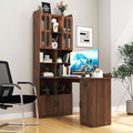 ZeHuoGe L-Shaped Corner Computer Desk for Home Office or Study Desk Study Modern Style Table with Drawers Bookshelf &amp Hutch 2-in-1 L-Shaped Design Large Working Space (Walnut)
