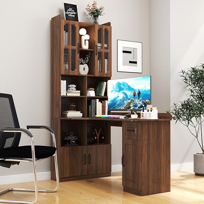 L-Shaped Corner Computer Desk with Bookshelf and Hutch Home Office Desk with Drawer Storage Cabinets Open Shelves and Drawer Work Desk for Bedroom Living Room Anti-Tip Device (Walnut)