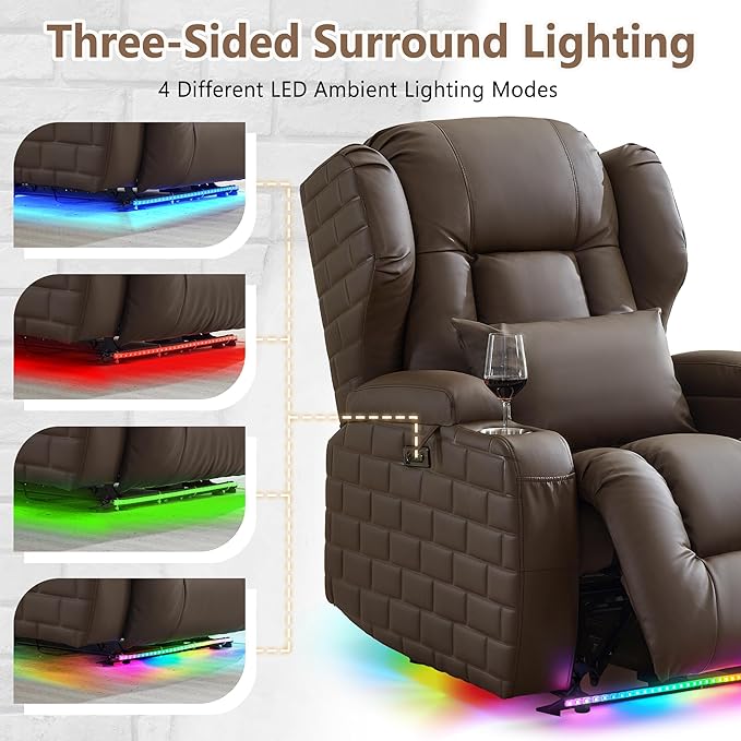 Wall Hugger Power Recliner Chair with Heat and Massage Overstuffed Reclining Sofa Chair for Living Room Home Theater RV with 3-Side LED Lights/Cup Holders/USB &amp Type C Port (Coffee)