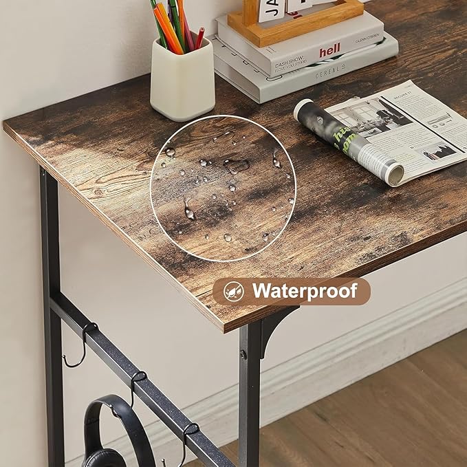 VECELO Computer Desk Water Proof Writing Desk with 4 Hooks Work Desk with Adjustable Feet Computer Desk for Small Space/Home Office/Dormitory 43 InchRusic Brown