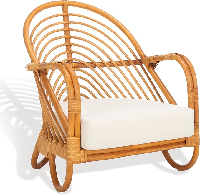 SAFAVIEH Couture Collection Ivybelle Tropical Coastal Natural Rattan/White Linen Cushion Accent Chair (Fully Assembled)