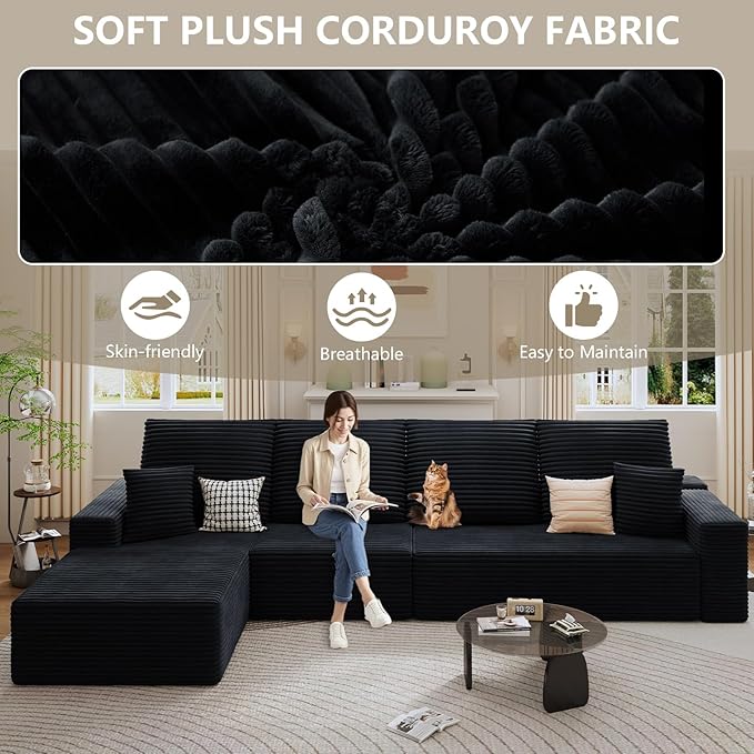 135 Modular Sectional Sofa Modern Corduroy L Shaped Cloud Couch with Chaise Lounge Boneless Upholstered Couches with Deep Seat for Living Room No Assembly Required (Black Left Facing Chaise)