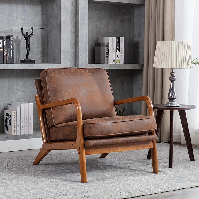 JOYBASE Lounge Arm Chair Mid Century Modern Accent Chair Wood Frame Armchair for Living Room Bedroom (Coffee Microfiber)