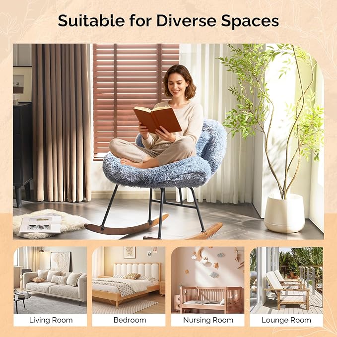 VINGLI 25.6 Extra Wide Nursery 115° Armless Rocking Chair Curved Cute Cross-Legged Glider Chair with Pillow &amp Solid Wood Nursing Chair for Bedroom Living Room Fluffy Fleece Ocean Blue