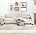 MERITLINE Upholstered Full Size Daybed Frame with Twin Size Trundle Modern Linen Button Tufted Daybed Wooden Full Sofa Daybed Frame for Living Room Bedroom No Box Spring Needed Beige