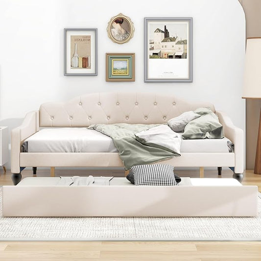 MERITLINE Upholstered Full Size Daybed Frame with Twin Size Trundle Modern Linen Button Tufted Daybed Wooden Full Sofa Daybed Frame for Living Room Bedroom No Box Spring Needed Beige