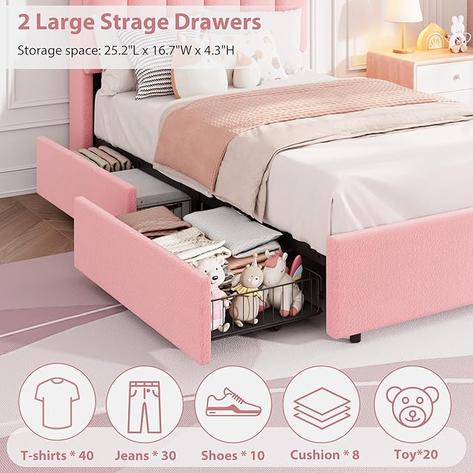 Garvee LED Twin XL Bed Frame with Storage Headboard Kids Bed Frame with 2 Drawers Boucle Upholstered Platform Bed for Girls Chic Wavy Headboard with Bookcase No Box Spring Needed Pink