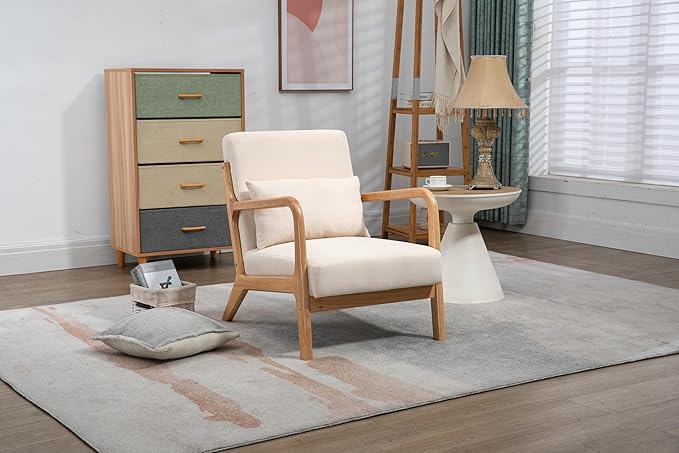 LKTART Mid Century Modern Chair with Waist Cushion Accent Chairs with Solid Wood Frame Upholstered Reading Armchair Fabric Comfy Single Sofa for Living Room Bedroom Apartment