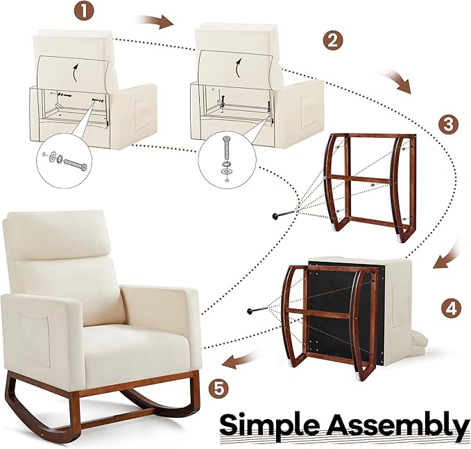 Yaheetech Rocking Living Room Chair Upholstered Glider Chair with Side Pocket Modern Accent Chair with High Back Comfy Armchair for Living Room Bedroom Lounge Nursery Beige