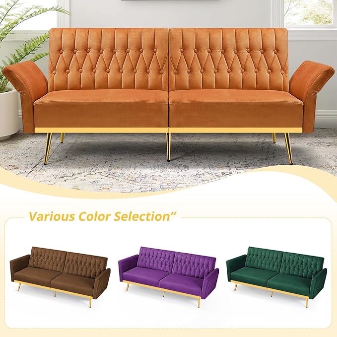 2 Pieces Velvet Sofa Set with Adjustable Armrest and Backrest 70” Convertible Futon Sofa Bed &amp Mordern Accent Chair with Ottoman for Living Room Bedroom Orange