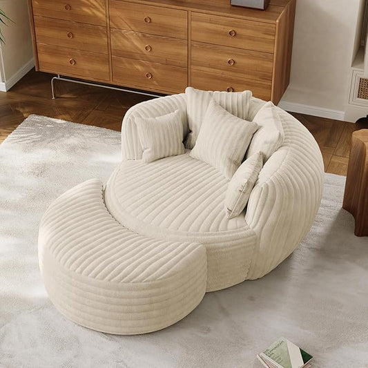50 Oversized Chaise Lounge Indoor Round Reading Chair Lounge Chair with Ottoman Boneless Sofa Bed Large Fluffy Plush Corduroy Chaise Chair for Living Room Playroom Bedroom Beige White