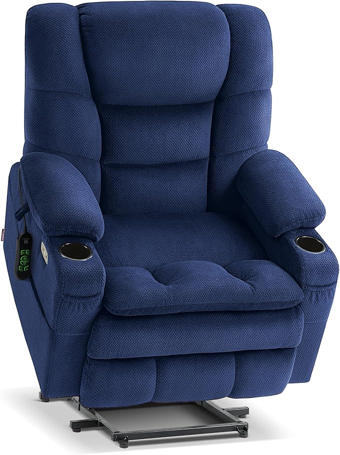 MCombo Large Triple Motor Power Lift Recliner Chair with Massage and Dual Heating Adjustable Headrest for Big and Tall Elderly People Fabric R7524 (Navy Blue Medium-Oversize)