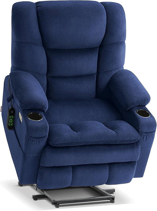 MCombo Large Triple Motor Power Lift Recliner Chair with Massage and Dual Heating Adjustable Headrest for Big and Tall Elderly People Fabric R7524 (Navy Blue Medium-Oversize)