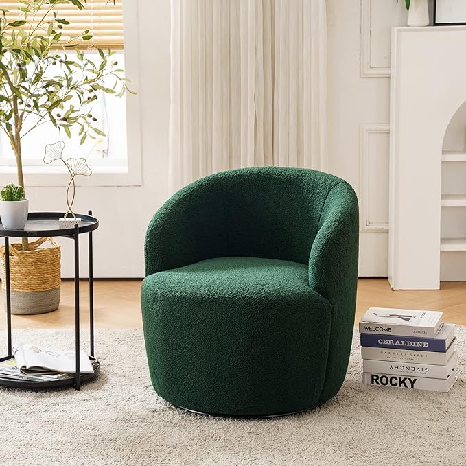 Swivel Chair Barrel Accent Sofa Modern Teddy Fabric Club 360 Degree Small Leisure Arm Chair for Nursery Living Room Hotel Bedroom Office Lounge Green 25.6D x 25.6W x 27.56H Inch