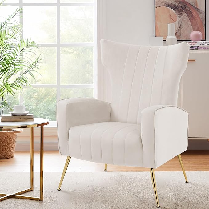 Accent Chair Upholstered Armchair with High Wingback &amp Metal Legs Mid-Century Modern Comfy Single Sofa Reading Chairs for Living Room Bedroom (White Set of 2)