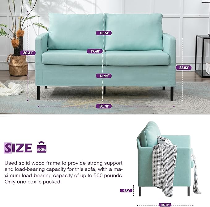 TYBOATLE 51 W Linen Fabric Upholstered Modern Loveseat Sofa Couch for Living Room Love Seats 2-Seater Furniture w/Iron Legs for Compact Space Apartment Bedroom Dorm Office Aqua Blue