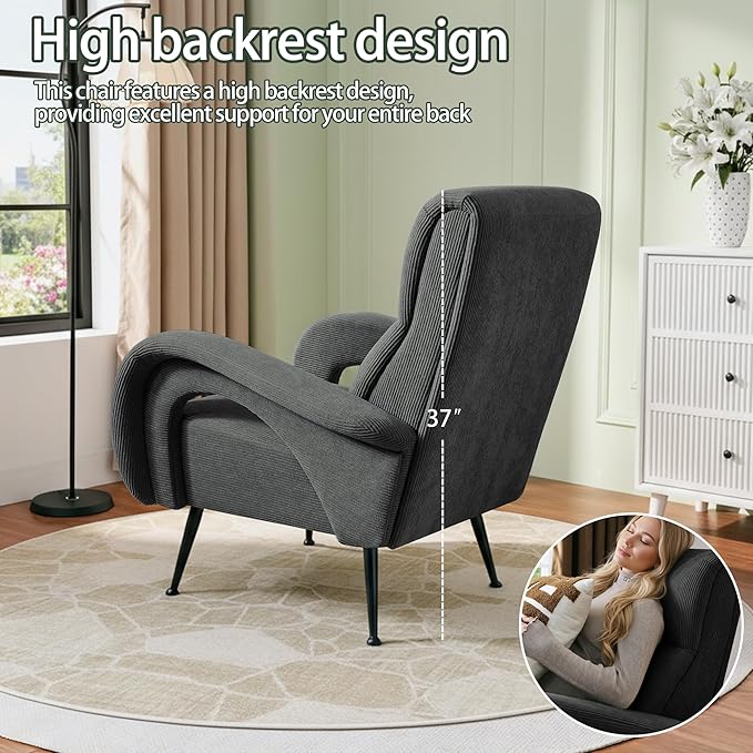 Modern Accent Chair Reading Chair with Corduroy Fabric Upholstered and Hight Backrest Single Sofa Chairs for Living Room Apartment Bedroom and Small Spaces. (Grey)