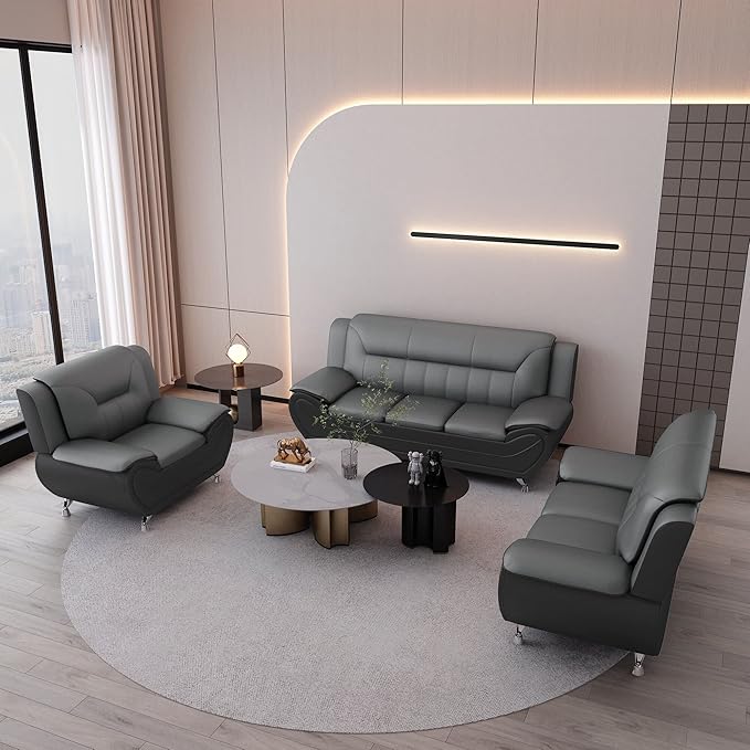 Container Furniture Modern Style Living Room Chair with Top Grade Faux Leather Upholstery and Extra Comfortable Pillow Top Armrests 47.3’’ Wide Grey &amp Black