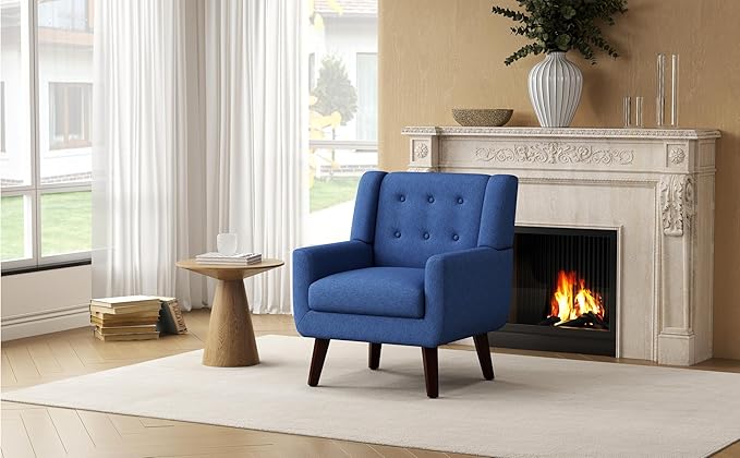 Accent Chairs Mid-Century Modern Upholstered Living Room Armchair Comfy Oversized Linen Fabric Single Reading Arm Chair with Tufted Back and Wood Legs for Bedroom Club (1 Navy)